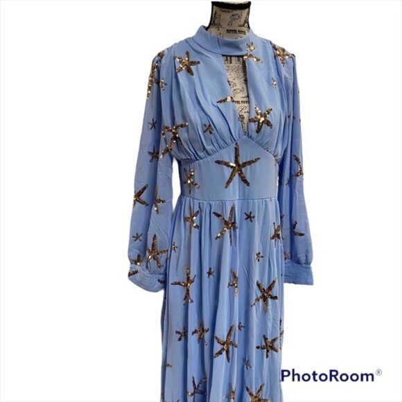 NWOT Blue Beaded Chiffon Maxi Dress Size L - Picture 4 of 8